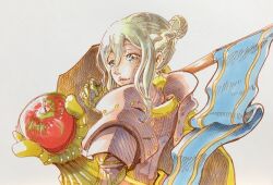  1girl apple armor effie_(fire_emblem) fire_emblem fire_emblem_fates food fruit green_eyes grey_hair hair_between_eyes hair_bun highres holding holding_food holding_fruit looking_at_viewer nintendo pink_armor single_hair_bun solo to_ra_dandan35 