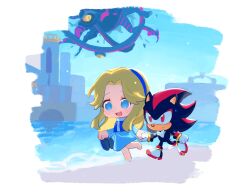  1boy 1girl barefoot beach black_fur blonde_hair blue_dress blue_eyes blue_hairband border dress furry furry_male gloves hairband hedgehog_boy highres holding holding_hands holding_shoes long_hair maria_robotnik neku_646611 open_mouth parted_bangs red_eyes red_fur shadow_the_hedgehog shoes sidelocks smile sonic_(series) sonic_generations sonic_x_shadow_generations two-tone_fur white_border white_gloves 