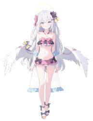 1girl absurdres angel_wings azusa_(blue_archive) azusa_(swimsuit)_(blue_archive) bikini black_bikini black_bow blue_archive blush bow feathered_wings feet flat_chest flower frilled_bikini frills hair_between_eyes hair_flower hair_ornament halo highres jyt legs long_hair looking_at_viewer navel official_alternate_costume open_mouth pink_bikini pink_bow pink_eyes platform_sandals purple_flower sandals simple_background smile solo swimsuit toenails toes white_background white_hair white_wings wings yellow_halo rating:Sensitive score:56 user:danbooru