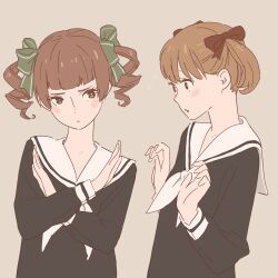  2girls 55bata6rou black_shirt blunt_bangs blush brown_eyes brown_hair closed_mouth drill_hair fukuzawa_yumi green_ribbon grey_background hair_ribbon hands_up highres lillian_girls&#039;_academy_school_uniform long_sleeves looking_at_another maria-sama_ga_miteru matsudaira_touko multiple_girls neckerchief open_mouth red_ribbon ribbon sailor_collar school_uniform shirt short_hair simple_background twin_drills twintails upper_body white_neckerchief white_sailor_collar x_arms 