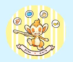  berry_(pokemon) chimchar closed_eyes copyright_name full_body gen_4_pokemon happy heart holding holding_stylus musical_note nintendo no_humans open_mouth oran_berry pokemon pokemon-amie pokemon_(creature) riichi_(119253) speech_bubble spoken_heart spoken_musical_note spoken_object standing standing_on_one_leg stylus 