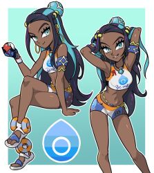  1girl armlet armpits belly_chain bikini black_hair blue_eyes blue_eyeshadow blue_hair breasts crop_top crossed_legs dark-skinned_female dark_skin dynamax_band earrings eyeshadow gloves hair_bun holding holding_poke_ball hoop_earrings jewelry lifebuoy light_blue_hair long_hair looking_at_viewer makeup midriff multicolored_hair multiple_views navel necklace nessa_(pokemon) nintendo poke_ball pokemon pokemon_swsh sandals single_glove single_hair_bun smile swim_ring swimsuit ta-na_(tana351) tankini two-tone_hair 