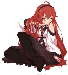  1girl adjusting_hair ahoge bare_shoulders black_pantyhose black_skirt blush eris_greyrat full_body hairband highres loli long_hair looking_at_viewer mushoku_tensei pantyhose red_eyes red_hair simple_background sitting skirt solo syasyajin toes white_background 