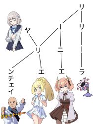  1boy 3girls absurdres aventador bald blonde_hair braid character_name clenched_hands commentary_request cropped_legs demon_horns feet_out_of_frame fighting_stance gakuen_idolmaster grey_hair half_up_braid hatsuboshi_gakuen_school_uniform highres horns idolmaster jet_li katsuragi_lilja lillie_(pokemon) lilyla linie_(sousou_no_frieren) looking_at_viewer multiple_girls name_connection neck_ribbon nintendo pink_hair pleated_skirt pokemon pokemon_(creature) pokemon_sm ponytail real_life ribbon school_uniform simple_background skirt sousou_no_frieren translation_request tree_(data_structure) twintails white_background 