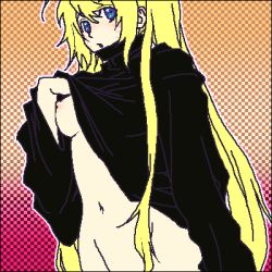  1girl ahoge black_shirt blonde_hair blue_eyes blush boo!king breasts checkered_background clothes_lift facial_mark female_focus flashing genderswap genderswap_(mtf) long_hair long_sleeves looking_to_the_side lowres naruko_(naruto) naruto naruto_(series) navel nipples no_bra parted_lips sexy_no_jutsu shirt shirt_lift solo standing undressing uzumaki_naruto very_long_hair whisker_markings whiskers  rating:Questionable score:24 user:Anonymous