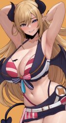 1girl absurdres armpits arms_behind_head bat_tattoo belt bikini bikini_skirt bikini_under_shorts black_horns black_tail black_wings blonde_hair blue_bikini blue_eyes breast_tattoo breasts collarbone commentary_request demon_girl demon_horns demon_tail demon_wings edmun6969 grin hair_between_eyes heart heart-shaped_pupils highleg highleg_bikini highres hololive hololive_summer_2023_swimsuit horns large_breasts layered_bikini long_hair looking_at_viewer multicolored_bikini navel orange_background pointy_ears red_bikini simple_background smile solo stomach striped_bikini striped_clothes sweatdrop swept_bangs swimsuit symbol-shaped_pupils tail tattoo twitter_username two-tone_bikini very_long_hair virtual_youtuber white_belt wings yuzuki_choco rating:Sensitive score:71 user:danbooru