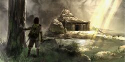  1boy grass highres light_rays male_focus matcho poncho shadow_of_the_colossus short_hair shorts solo standing surcoat sword tree wander_(shadow_of_the_colossus) weapon 