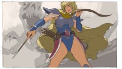  1girl armor arrow_(projectile) blonde_hair blue_eyes bow breasts cape dinosaur faye_(ffmq) final_fantasy final_fantasy_mystic_quest junny leotard lips medium_breasts monster short_hair 