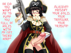  1futa ascot bad_id bad_pixiv_id belt bicorne black_hair black_thighhighs blunt_bangs bottomless cape chiaki_kurihara decensored epaulettes erection futanari glasses gun hand_on_own_hip hard-translated hat highres hime_cut large_penis miniskirt_pirates no_testicles open_mouth penis pink-framed_eyewear pirate_hat poncho_s pussy semi-rimless_eyewear solo submachine_gun sword thighhighs third-party_edit under-rim_eyewear weapon 