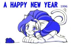 1996 1girl :3 animal_ears bad_id cat_ears cat_girl cat_tail chinese_zodiac closed_mouth commentary_request darkstalkers felicia_(darkstalkers) full_body happy_new_year lea_sakura long_hair mouse_(animal) new_year simple_background smile solo tail year_of_the_rat 
