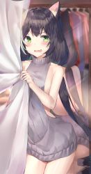 1girl absurdres animal_ear_fluff animal_ears ass bare_arms bare_shoulders black_hair cat_ears cat_girl cowboy_shot curtains embarrassed fang female_focus green_eyes grey_sweater highres holding karyl_(princess_connect!) long_hair looking_at_viewer low_twintails meme_attire mirror multicolored_hair open_mouth princess_connect! refile reflection ribbed_sweater solo standing streaked_hair sweater tears thighs twintails very_long_hair wardrobe wavy_mouth rating:Sensitive score:16 user:danbooru