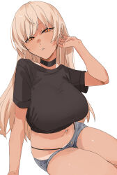  1girl black_choker black_panties black_shirt blonde_hair borrowed_character breasts choker commission crop_top cropped_shirt dark-skinned_female dark_skin denim denim_shorts grey_shorts hand_up hibiki_(macqus) highleg highleg_panties highres large_breasts long_hair micro_shorts midriff mole mole_under_eye navel_piercing neyaneyashiteru orange_eyes original panties panty_straps parted_lips piercing shirt short_sleeves shorts simple_background sitting skeb_commission solo string_panties tan tanline underwear white_background 