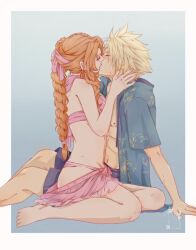  1boy 1girl aerith_gainsborough aerith_gainsborough_(pink_mermaid) bare_arms bare_shoulders barefoot bikini black_male_swimwear blonde_hair border breasts brown_hair closed_eyes cloud_strife cloud_strife_(ocean_chocobo) couple earrings final_fantasy final_fantasy_vii final_fantasy_vii_rebirth final_fantasy_vii_remake flower grey_background hair_flower hair_ornament hair_ribbon hand_in_another&#039;s_hair hawaiian_shirt hetero highres jewelry kiss kneeling long_hair male_swimwear medium_breasts midriff navel official_alternate_costume parted_bangs pink_bikini pink_flower pink_ribbon print_shirt ribbon shanlieart shirt short_hair sidelocks signature single_earring sitting spiked_hair sweat swimsuit white_border 