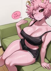 1girl absurdres antennae ashido_mina black_sclera black_shorts boku_no_hero_academia breasts cleavage colored_sclera colored_skin commentary couch english_commentary english_text highres hot large_breasts melonpuff on_couch one_eye_closed pink_hair pink_skin short_hair shorts sitting solo speech_bubble sweat yellow_eyes rating:Questionable score:97 user:danbooru