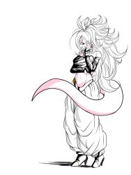  1girl android_21 arm_support bare_shoulders black_sclera black_tube_top breasts colored_sclera colored_skin dragon_ball dragon_ball_fighterz earrings fang from_side full_body hand_on_own_face harem_pants highres hoop_earrings jewelry kenran_dokkan large_breasts majin_android_21 navel pants pink_skin pink_tail pointy_ears profile simple_background solo strapless tube_top white_background white_hair 