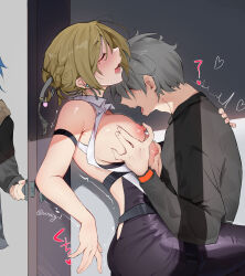  1boy 2girls arm_strap belle_(zenless_zone_zero) black_pants blonde_hair braid braided_bun breasts caught commentary evelyn_chevalier grey_hair groping hair_bun high-waist_pants highres implied_sex large_breasts multiple_girls nipple_stimulation nipple_tweak nipples opening_door paid_reward_available pants sex shirt short_hair sleeveless sleeveless_shirt standing standing_sex tight_clothes tight_pants twitter_username vincent_leo wise_(zenless_zone_zero) zenless_zone_zero  rating:Explicit score:85 user:danbooru