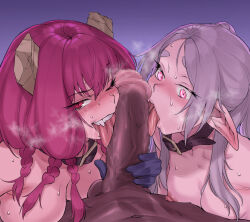  1boy 2girls animal_collar aura_(sousou_no_frieren) black_collar black_gloves blush breasts broken_horn censored collar cooperative_fellatio dark-skinned_male dark_skin demon_girl demon_horns ears_down elf fangs fellatio ffm_threesome frieren from_above from_side gloves grey_hair group_sex hair_between_eyes handjob heart heart-shaped_pupils hetero horns humiliation interracial interspecies kouya_toufu large_breasts long_hair long_pointy_ears looking_at_penis looking_at_viewer looking_to_the_side mind_control mosaic_censoring multiple_girls naughty_face nipples nude one_eye_closed open_mouth oral penis penis_awe penis_grab penis_on_face petite pink_eyes pointy_ears portrait pov pov_crotch purple_background purple_gloves purple_hair red_eyes simple_background small_breasts sousou_no_frieren sweat symbol-shaped_pupils teamwork_(sexual) teeth thick_eyebrows threesome tongue tongue_out twintails upper_teeth_only very_dark_skin  rating:Explicit score:339 user:PuttHutt