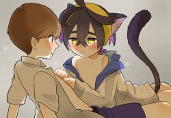  2boys animal_ear_fluff animal_ears black_hair blush brown_eyes brown_hair cat_boy cat_ears cat_tail closed_mouth colored_inner_hair florian_(pokemon) grey_background hair_between_eyes heart heart-shaped_pupils highres jacket kieran_(pokemon) kodomo_doushi male_focus miniminittm61 multicolored_hair multiple_boys nintendo nipples open_clothes open_jacket open_mouth open_shirt pokemon pokemon_sv purple_hair purple_shorts shirt shorts shota symbol-shaped_pupils tail two-tone_hair white_shirt yaoi yellow_eyes 