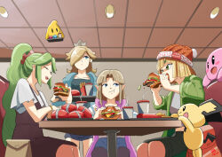 4girls arms_(game) automatic_giraffe beanie blonde_hair blue_eyes bob_cut burger creatures_(company) crown cup curtained_hair disposable_cup eating fast_food food french_fries game_freak gen_2_pokemon green_eyes green_hair hair_over_one_eye hat kid_icarus kirby kirby_(series) luma_(mario) mario_(series) min_min_(arms) mini_crown multiple_girls nintendo palutena pichu pointy_ears pokemon pokemon_(creature) ponytail princess_zelda rosalina short_hair sidelocks super_smash_bros. the_legend_of_zelda