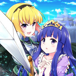 2girls arm_around_shoulder armor black_shirt blonde_hair blunt_bangs breastplate castle cloak cloud commentary_request dress fang female_knight furude_rika green_cloak hairband hazumi_otoya highres higurashi_no_naku_koro_ni houjou_satoko knight looking_at_viewer multiple_girls open_mouth outdoors princess purple_dress purple_eyes purple_hair shirt short_hair shoulder_armor sky smile sword tiara upper_body vambraces weapon rating:Sensitive score:7 user:danbooru