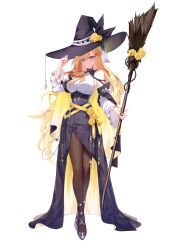  1girl absurdres bare_shoulders black_hat black_skirt blonde_hair blue_eyes braid breasts brooch broom brown_pantyhose commentary crossed_legs detached_sleeves earrings english_commentary flower frilled_sleeves frills full_body hand_on_headwear hand_up hat hayo_(dydgk6664) highres holding holding_broom jewelry long_hair long_skirt long_sleeves looking_at_viewer medium_breasts original pantyhose parted_lips rose shirt shoes side_slit simple_background skirt sleeveless sleeveless_shirt solo underbust very_long_hair watson_cross white_background white_shirt witch_hat 