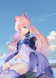  1girl absurdres bare_shoulders bird blue_sky closed_mouth cloud cloudy_sky commentary_request detached_collar frilled_sleeves frills genshin_impact gloves hair_ornament half_gloves hand_fan hand_up highres holding holding_fan japanese_clothes looking_at_viewer navel ocean on_rock pink_hair pou_bao purple_eyes purple_thighhighs sangonomiya_kokomi seagull shorts sitting sky smile solo thighhighs thighs vision_(genshin_impact) wet white_gloves white_shorts zettai_ryouiki 