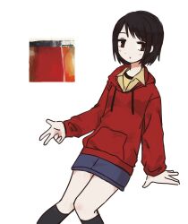  1girl black_hair brown_eyes denim denim_skirt feet_out_of_frame highres hood hoodie invisible_chair karasuda_hidemi long_sleeves nakahara_misaki nhk_ni_youkoso! nine_inch_nails parted_lips short_hair sitting skirt socks solo w 