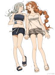  2girls breasts bumian_mei cleavage crop_top full_body grey_eyes grey_hair happy highres holding_hands long_hair looking_at_another lying midair multiple_girls on_back orange_hair reverse:1999 sandals see-through_clothes see-through_shirt shirt shorts smile sonetto_(reverse:1999) vertin_(reverse:1999) watermark weibo_watermark white_background yuri 