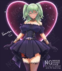  1girl alternate_costume alternate_hairstyle artist_name bare_shoulders black_background black_dress breasts cleavage cowboy_shot dress female_byleth_(fire_emblem) fire_emblem fire_emblem:_three_houses green_eyes green_hair heart large_breasts medium_hair nintendo simple_background solo strapless strapless_dress two_side_up watermark yanmarson 