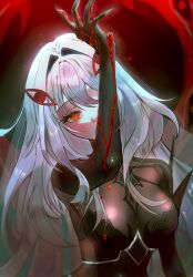  1girl arm_up black_claws blonde_hair blood blood_on_clothes blood_on_hands blurry blurry_foreground claws colored_skin covering_own_mouth expressionless eye_symbol floating genshin_impact gradient_background hair_between_eyes hair_intakes hair_ornament hashtag-only_commentary head_tilt highres long_hair looking_at_viewer multicolored_skin naengaru orange_eyes red_wings ronova_(genshin_impact) shade shiny_clothes skin_tight solo symbol-shaped_pupils two-tone_skin upper_body wavy_hair wings 