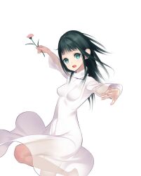  1girl artist_request barefoot black_hair breasts covered_navel dress flower long_hair looking_at_viewer mono_(shadow_of_the_colossus) open_mouth see-through_clothes shadow_of_the_colossus simple_background skirt smile solo white_background white_dress 