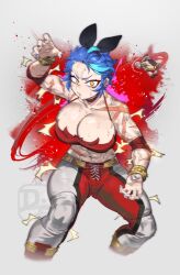  1boy 1girl abs ahoge aqua_hair belt biceps black_eyeliner black_hairband blue_hair boots bow_hairband bra bracelet breasts cape chibi chibi_inset choker claw_pose cleavage commentary cosplay cropped_legs cross_scar crossdressing dif_(difman) difman eyeliner fighting_stance furrowed_brow grey_pants hairband hashtag-only_commentary highres jewelry knee_pads large_breasts leather leather_pants looking_at_viewer makeup midriff mole mole_under_eye multicolored_hair muscular muscular_female original pants red_bra red_cape red_choker red_pants scar scar_on_arm scars_all_over short_hair solo_focus spaghetti_strap streaked_hair street_fighter street_fighter_6 studded_bracelet sweat too_many two-tone_pants underwear veins veiny_arms veiny_face very_sweaty wrestling_outfit yellow_eyes zangief zangief_(cosplay) 