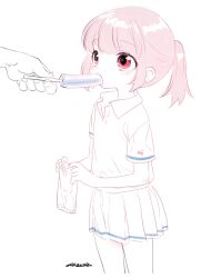  1boy 1girl feeding fellatio food hetero highres loli mudou_eichi oral original phallic_symbol ponytail popsicle red_eyes shirt simulated_fellatio skirt 