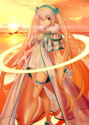  1girl animal aqua_bow aqua_bowtie aqua_hairband blonde_hair blue_eyes bow bowtie breasts capelet cleavage closed_mouth clothing_cutout cloud criss-cross_halter dolphin dress fate/grand_order fate_(series) feet_out_of_frame fleur-de-lis footwear_bow frilled_thigh_strap fur-trimmed_capelet fur_trim glove_bow gloves hair_bow hairband halterneck headpiece high-low_dress horizon jeanne_d&#039;arc_(fate) jeanne_d&#039;arc_(swimsuit_archer)_(fate) jeanne_d&#039;arc_(swimsuit_archer)_(third_ascension)_(fate) layered_skirt long_hair looking_at_viewer medium_breasts navel navel_cutout ocean official_art orange_sky see-through_capelet see-through_clothes see-through_skirt_layer shoes short_dress sidelocks skirt sky sleeveless sleeveless_dress smile solo standing sun sunset takeuchi_takashi thigh_strap third-party_source two_side_up variant_set very_long_hair white_dress white_gloves white_shoes 