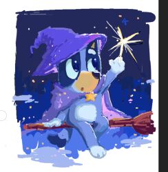  baowenbei0715 bluey bluey_heeler broom broom_riding cloud cloudy_sky hat night night_sky purple_hat sidesaddle sky star_(sky) star_(symbol) witch witch_hat 
