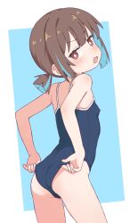  1girl absurdres adjusting_clothes annoyed ass bare_shoulders blue_background blue_hair blue_one-piece_swimsuit blush breasts brown_hair cameltoe colored_inner_hair covered_erect_nipples cowboy_shot dot_nose embarrassed eyebrows_hidden_by_hair eyelashes female_focus from_behind highres hozuki_momiji loli looking_at_viewer looking_back medium_hair multicolored_hair one-piece_swimsuit onii-chan_wa_oshimai! open_mouth red_eyes short_twintails simple_background small_breasts solo standing streaked_hair swimsuit tooteki twintails two-tone_background two-tone_hair white_background  rating:Questionable score:101 user:Only_Kemonomimi