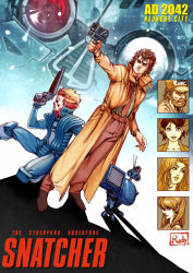  1980s_(style) 2042 3boys 3girls aiming android baseball_cap beard belt belt_buckle blonde_hair blue_jacket blue_pants brown_footwear brown_hair brown_pants buckle coat copyright_name cyberpunk darkdux detective earrings energy_gun eyebrows facial_hair finger_on_trigger formal_clothes future gillian_seed glowing glowing_eye green_shirt gun handgun harry_benson hat head holding holding_gun holding_weapon jacket jamie_seed jewelry jumpsuit katrina_gibson knee_pads konami lips logo long_hair long_sleeves looking_at_viewer looking_away looking_to_the_side mecha metal_gear_mk._ii mika_slayton multiple_boys multiple_girls mustache necktie oldschool orange_coat pants parted_lips random_hajile red_neckwear retro_artstyle robot sawed-off_shotgun science_fiction serious shadow shirt shoes short_hair shotgun signature smile snatcher snatcher_(robot) spiked_hair suit trench_coat walker_(robot) weapon 