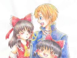  ascot blue_coat blue_eyes blush bow brown_eyes brown_hair carrying coat commentary_request crossover detached_sleeves ear_piercing frilled_bow frilled_hair_tubes frills hair_bow hair_tubes hakurei_reimu iceman_(x-men) looking_at_another m.u.g.e.n marvel one_eye_closed piercing red_bow ribbon-trimmed_sleeves ribbon_trim short_hair smile torikokoro touhou white_background x-men yellow_ascot yukkuri_shiteitte_ne 