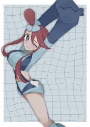  1girl ass blue_eyes breasts crop_top dark-skinned_female dark_skin from_side gloves large_breasts long_hair long_sleeves nintendo one_eye_closed pokemon pokemon_bw red_hair shorts skyla_(pokemon) stretching yon_(motomu22) 