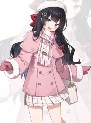  1girl absurdres bag black_hair blue_eyes buttons double-breasted fringe_trim handbag hat highres ika_(4801055) jacket long_hair long_sleeves looking_at_viewer mittens open_mouth pink_jacket pink_mittens pleated_skirt scarf shirayuki_hina skirt smile solo stellive virtual_youtuber white_background white_hat white_scarf white_skirt zoom_layer 