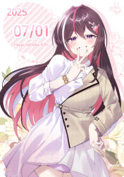  1girl absurdres ascot azki_(4th_costume)_(hololive) azki_(hololive) black_hair bracelet brown_jacket collared_dress colored_inner_hair commentary_request double-parted_bangs dress floral_background grin hair_ornament hairclip half-jacket hand_on_own_hip happy_birthday highres hololive jacket jewelry long_hair looking_at_viewer mole mole_under_eye multicolored_hair official_alternate_costume pink_hair purple_eyes sidelocks smile solo streaked_hair three-quarter_sleeves todalbok106 v v_over_eye very_long_hair virtual_youtuber white_ascot white_dress white_hair 