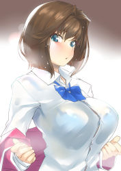 1girl :o blue_bra blue_eyes blush bra breasts brown_hair collared_shirt dress_shirt female_focus hair_intakes highres large_breasts long_sleeves mazaki_anzu nukkoru off_shoulder school_uniform see-through_clothes shirt short_hair solo steaming_body sweat underwear undressing wet wet_clothes wet_shirt white_shirt yu-gi-oh! yu-gi-oh!_duel_monsters  rating:Questionable score:31 user:danbooru