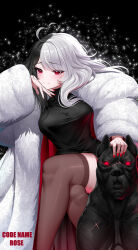  absurdres ahoge animal artist_request black_background black_dog black_dress black_hair breasts coat codename_rose crossed_legs dress fur-trimmed_coat fur_coat fur_trim hand_on_own_head heart heart_ahoge highres large_breasts light_particles long_hair looking_at_viewer multicolored_hair narrow_waist petting red_eyes seductive_smile simple_background sitting sleeveless sleeveless_dress smile sparkle split-color_hair thighhighs tight_clothes tight_dress two-tone_hair waktaverse white_coat white_hair wide_hips zettai_ryouiki 