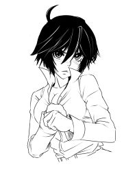  1girl ahoge atlus breasts cleavage female_focus greyscale highres large_breasts monochrome persona persona_4 shirogane_naoto short_hair simple_background solo suta_furachina white_background  rating:Sensitive score:12 user:danbooru