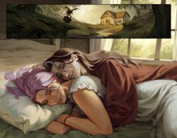  2girls bedroom brown_hair brown_shirt closed_eyes closed_mouth commentary couple critical_role cuddling curtains dungeons_&_dragons dungeons_&amp;_dragons english_commentary forest grass happy head_on_pillow highres house hug hug_from_behind imogen_temult_(critical_role) indoors inset lady_santos laudna_(critical_role) long_hair long_sleeves lying morning multiple_girls nature nightgown on_bed on_side pillow purple_hair shirt sleeping sleeveless smile stream upper_body white_nightgown window wristband yuri 