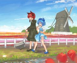 2girls animal_ears ankle_socks blue_eyes blue_hair blue_sky bobby_socks bow braid cat_ears cirno cloud dango day dress eating closed_eyes fence field flower food friends grass hair_bow highres kaenbyou_rin long_sleeves looking_at_another madaragi mary_janes multiple_girls no_socks outdoors panties pantyshot polka_dot polka_dot_panties red_hair rose shoes short_sleeves sky socks tears touhou twin_braids underwear wagashi walking water wheelbarrow windmill wings wiping_tears rating:Sensitive score:5 user:danbooru