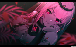  1girl absurdres armlet blurry commentary_request cup depth_of_field drink dutch_angle grin highres holding holding_cup hololive hololive_english jewelry letterboxed long_hair looking_at_viewer mori_calliope mori_calliope_(1st_costume) ookura_(karattooo) pink_eyes pink_hair smile solo teeth tiara twitter_username virtual_youtuber 