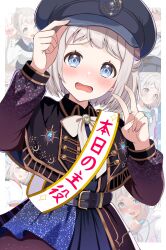  1girl absurdres belt bent_v birthday_sash black_capelet black_hat blue_eyes blush bow bowtie capelet collage_background commentary_request crouching_start gakuen_idolmaster grey_hair hat highres idolmaster katsuragi_lilja kyokkou_(idolmaster) long_sleeves looking_at_viewer official_alternate_costume open_mouth peaked_cap sash short_hair shoulder_sash sidelocks solo v white_bow white_bowtie 