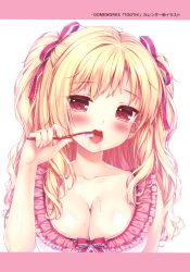 1girl absurdres blonde_hair blush breasts brushing_teeth character_request cleavage collarbone female_focus frills hair_ribbon highres long_hair looking_at_viewer medium_breasts open_mouth red_eyes ribbon saliva sayori_(neko_works) simple_background solo tears toothbrush two_side_up rating:Sensitive score:20 user:danbooru