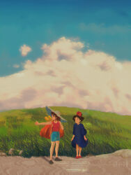  2girls bag bamboo_shoot blue_dress blue_shorts blue_sky brown_hair cloud cloudy_sky day dirt_road dkaism dress flower full_body grass hair_flower hair_ornament hat headband holding holding_bag long_hair looking_at_another multiple_girls original outstretched_arm plain red_tank_top road shadow shorts sky straw_hat tall_grass tank_top thumbs_up walking 